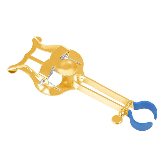Gold-colored metal music stand durable instrument holder with blue grip and spring-loaded clamps for brass instrument trombone clip accessories