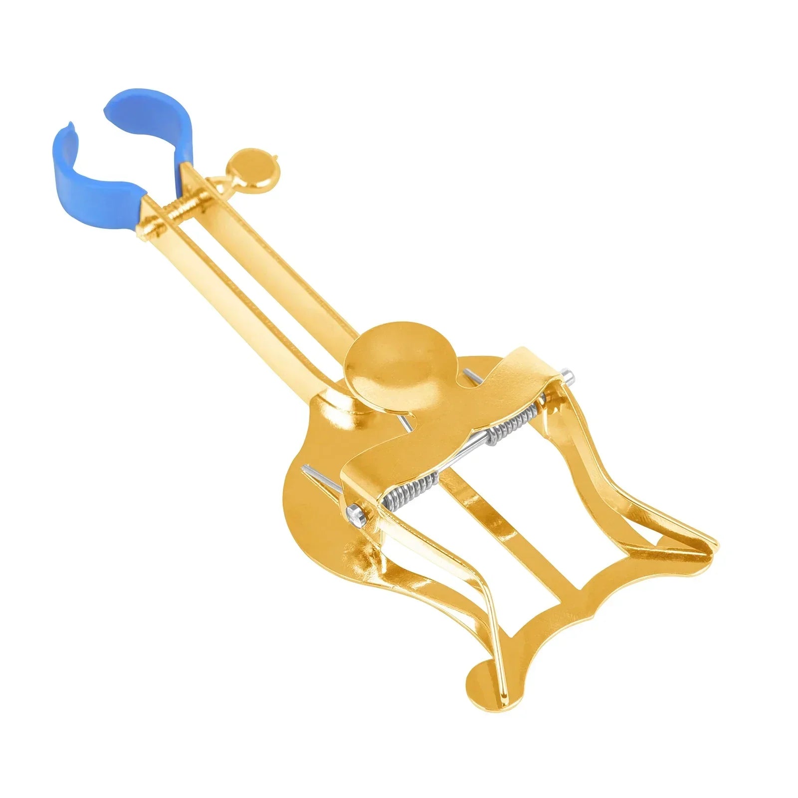 Gold-colored metal cello bow holder with blue rubber grip, ideal as durable trombone clip accessories for brass instruments