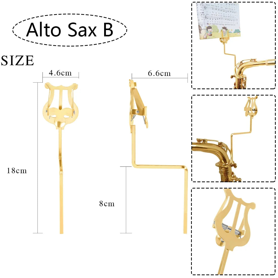 Gold-colored metal alto saxophone portable stand with lyre-shaped top and adjustable clamp for portable marching sheet use