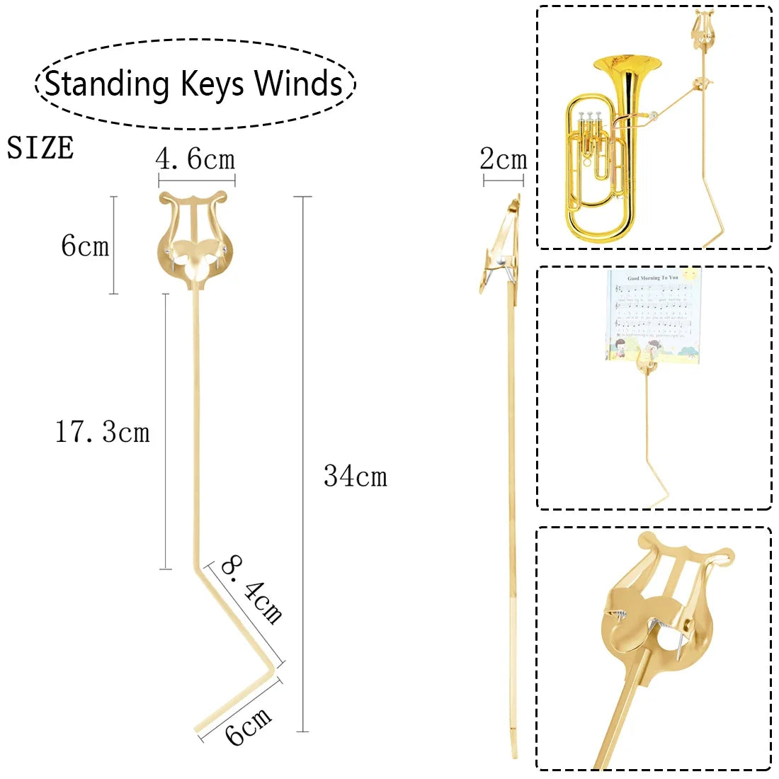Gold-colored portable marching sheet music stand with lyre-shaped top and adjustable base for alto saxophone use