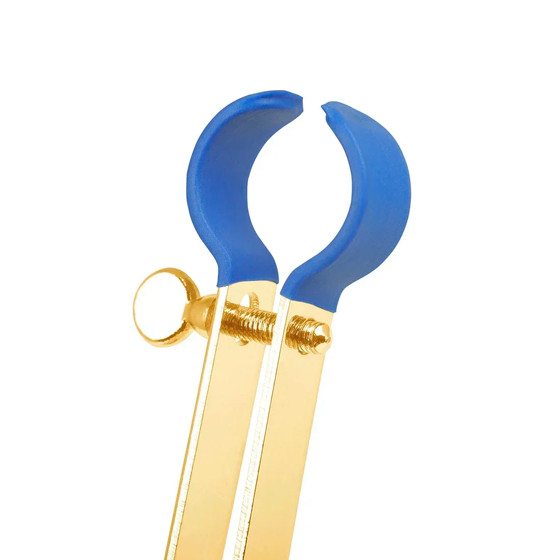 Blue rubber-handled dental mouth gag with gold metal frame and screw used with alto saxophone portable stands