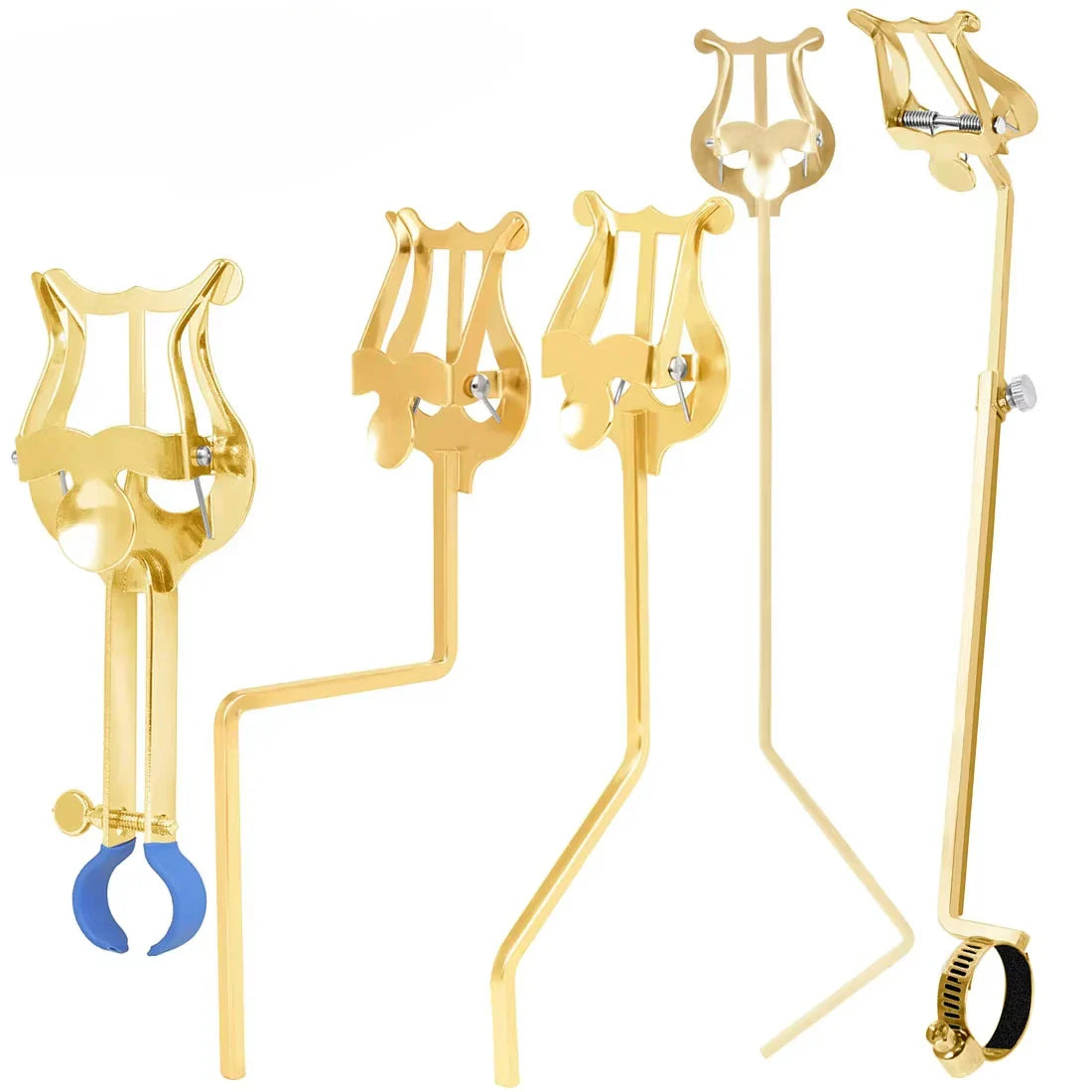 Gold-colored lyre-shaped music stand holders with adjustable arms and clamps for portable marching sheet and alto saxophone portable use
