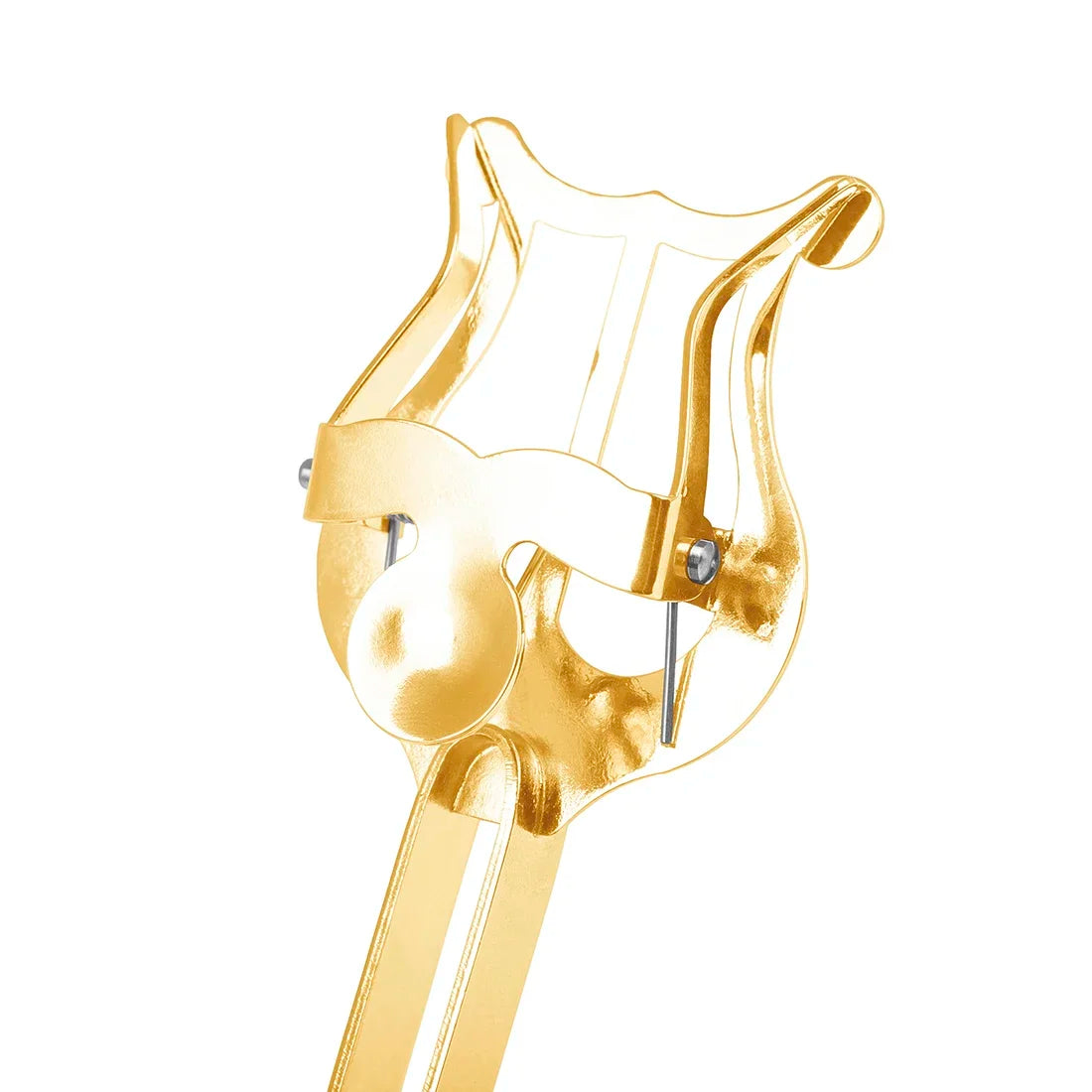 Gold-colored metal lyre-shaped instrument holder with adjustable clamps for alto saxophone portable use and marching sheet music