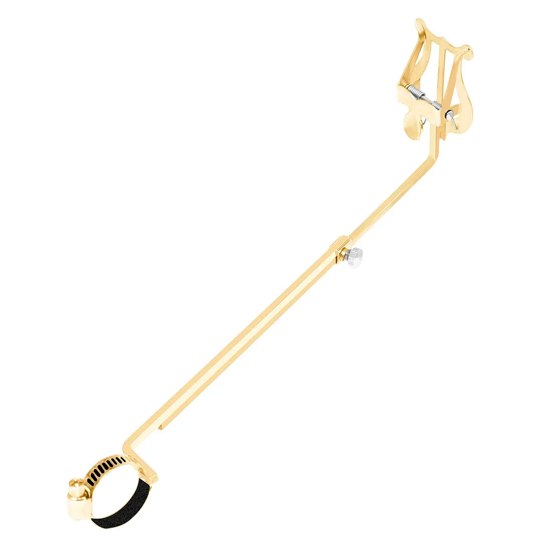 Gold-colored metal lyre stand with black rubber grip and adjustable clamp for portable marching sheet and alto saxophone use