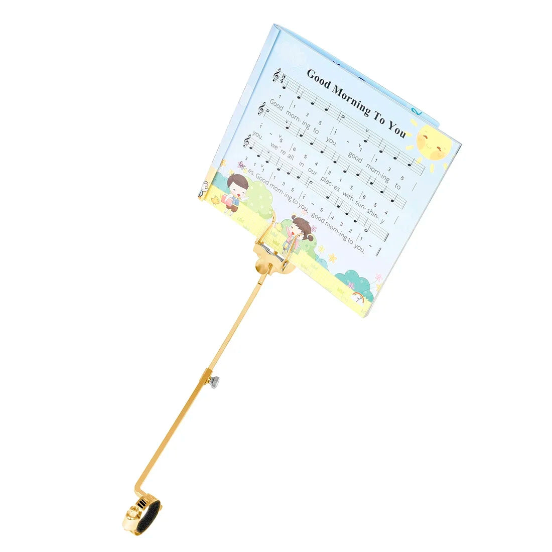 A gold-colored metal portable marching sheet music stand with a light blue song sheet for alto saxophone use