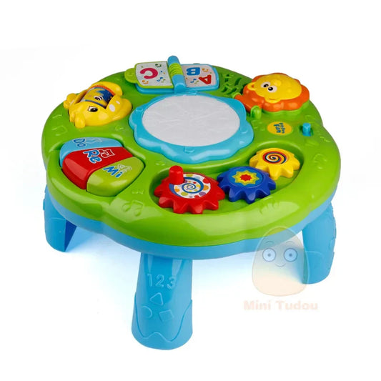 Bright green and blue music table baby with colorful animal buttons alphabet cards and spinning gears educational toy music learning machine
