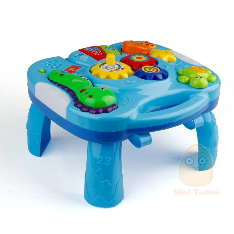 Blue plastic music table baby with colorful animal-themed interactive buttons and machine educational toy features