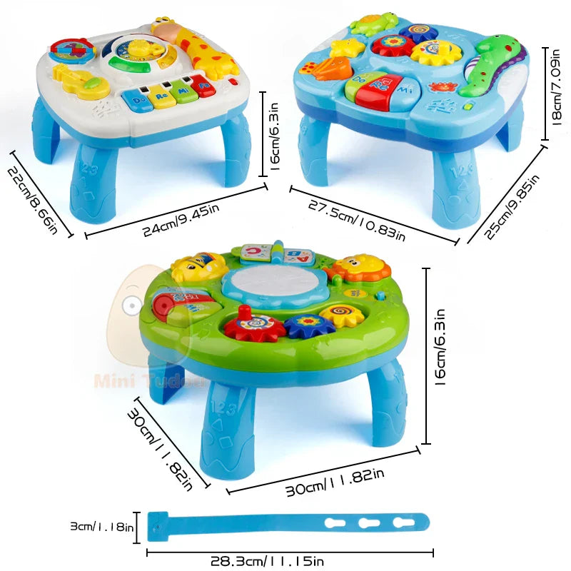 Blue plastic music table baby toy featuring colorful buttons gears and animal-shaped toys for early learning and play