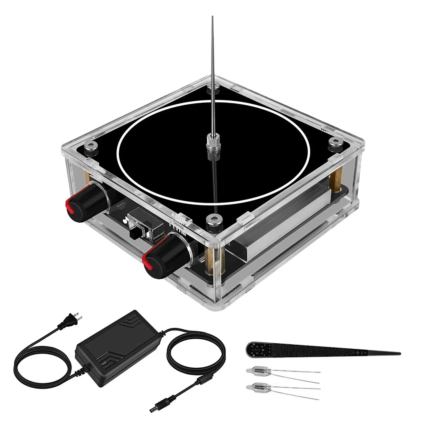 Clear acrylic music tesla coil bluetooth system with black platform silver rod and red control knobs for artificial lightning touchable experiments
