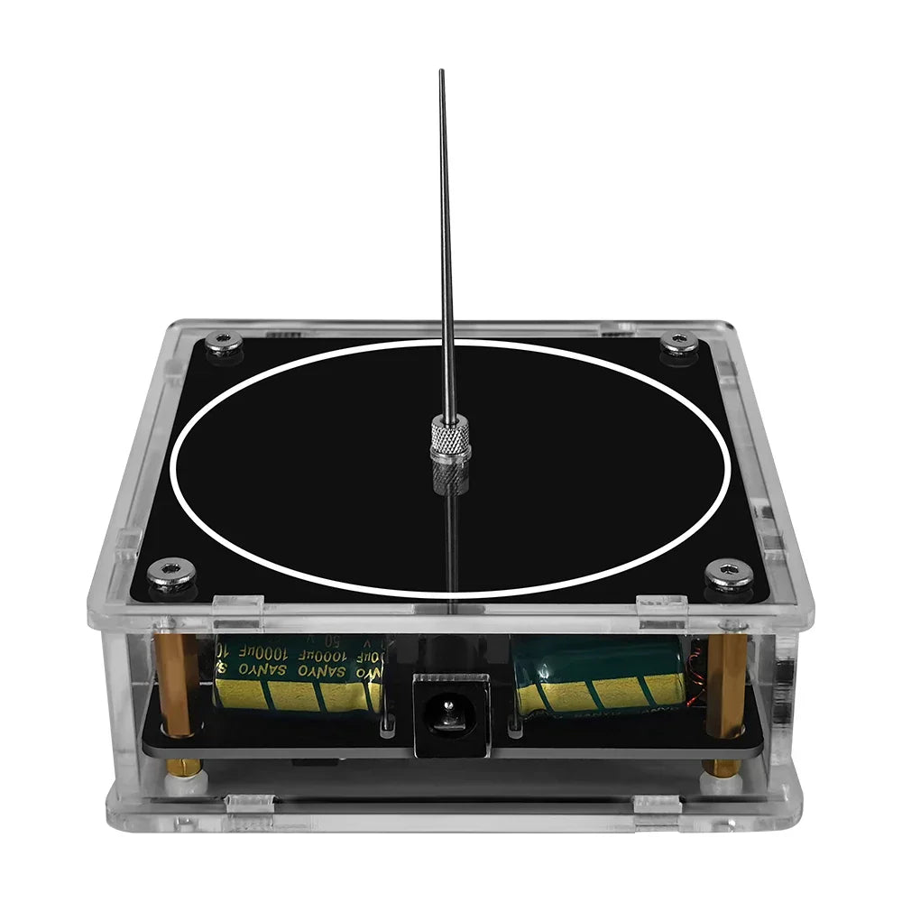 Clear acrylic music tesla coil Bluetooth case with black turntable platter and gold rods for artificial lightning touchable use