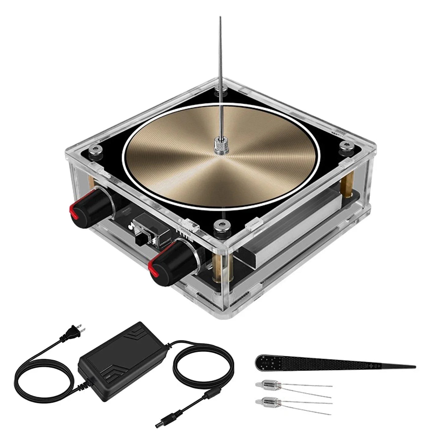Clear acrylic case music tesla coil bluetooth with brass turntable black knobs and artificial lightning touchable design