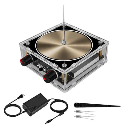 Clear acrylic case music tesla coil bluetooth with brass turntable black knobs and artificial lightning touchable design