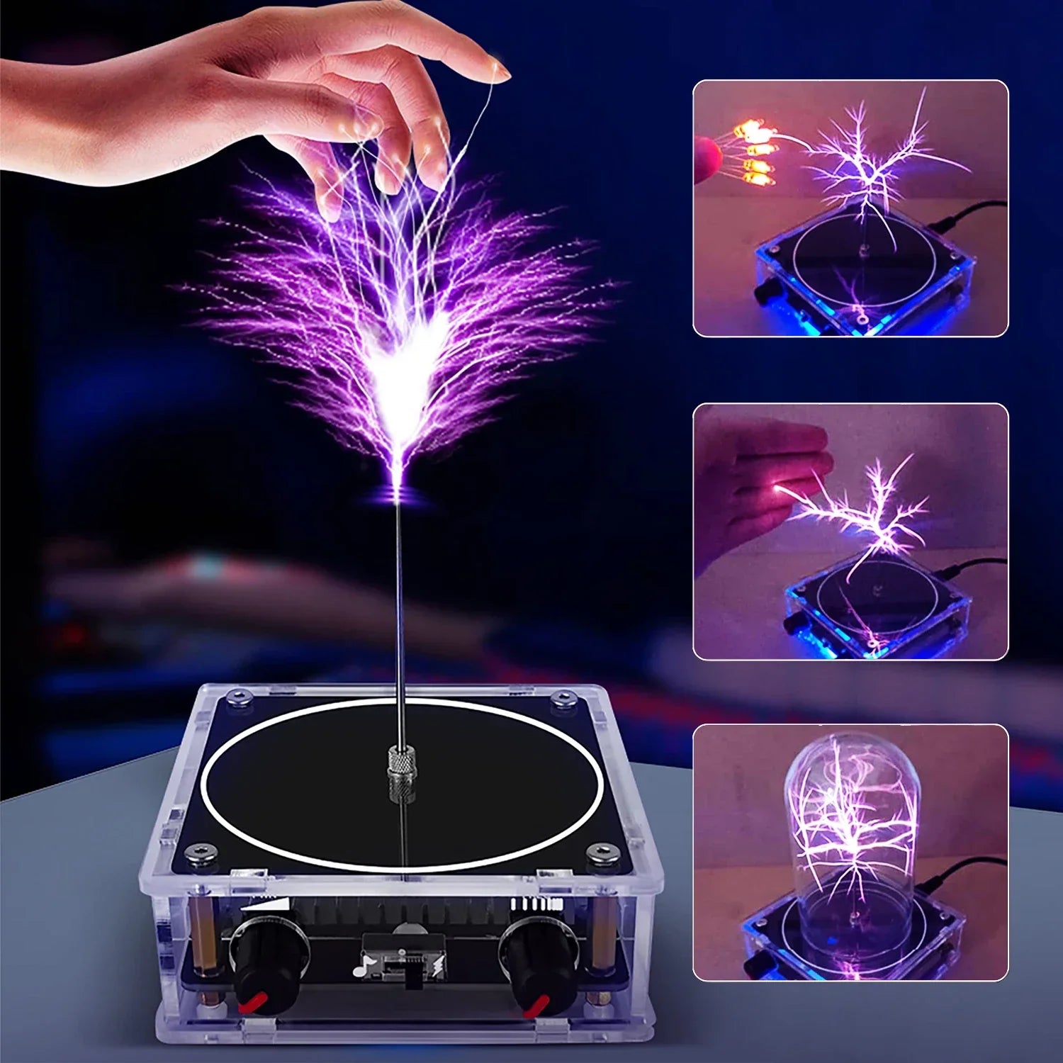 Clear acrylic music tesla coil bluetooth with black top and silver electrode emitting vibrant purple artificial lightning touchable arcs