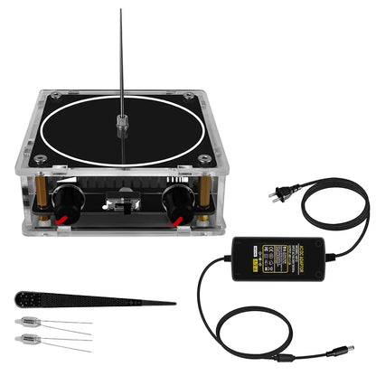 Clear acrylic music tesla coil bluetooth case with black turntable platter silver antenna gold tonearms and ac/dc adapter