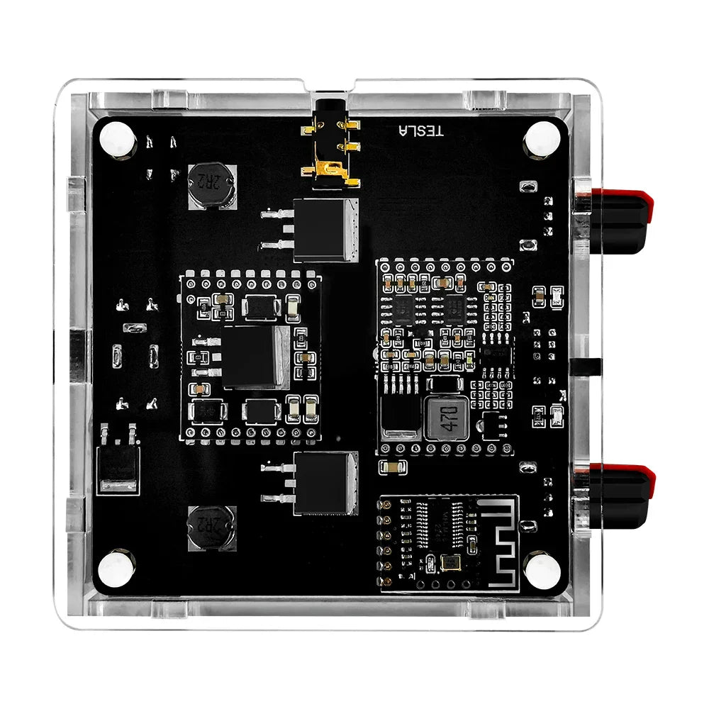 Clear acrylic case housing black tesla coil bluetooth circuit board with gold connectors for artificial lightning touchable use