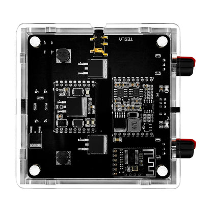 Clear acrylic case housing black tesla coil bluetooth circuit board with gold connectors for artificial lightning touchable use