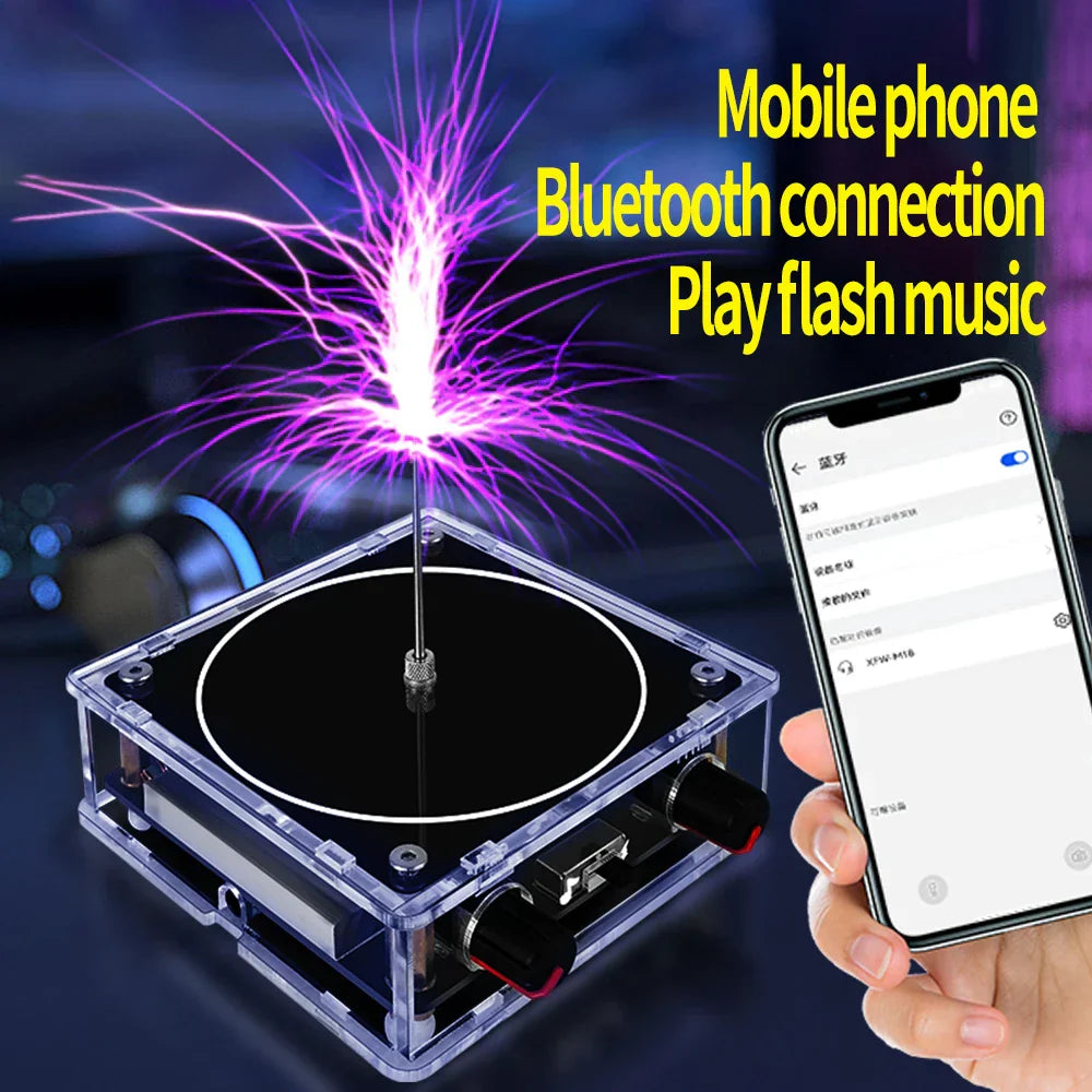 Clear acrylic music tesla coil bluetooth with black knobs and central rod emitting vibrant purple artificial lightning touchable sparks