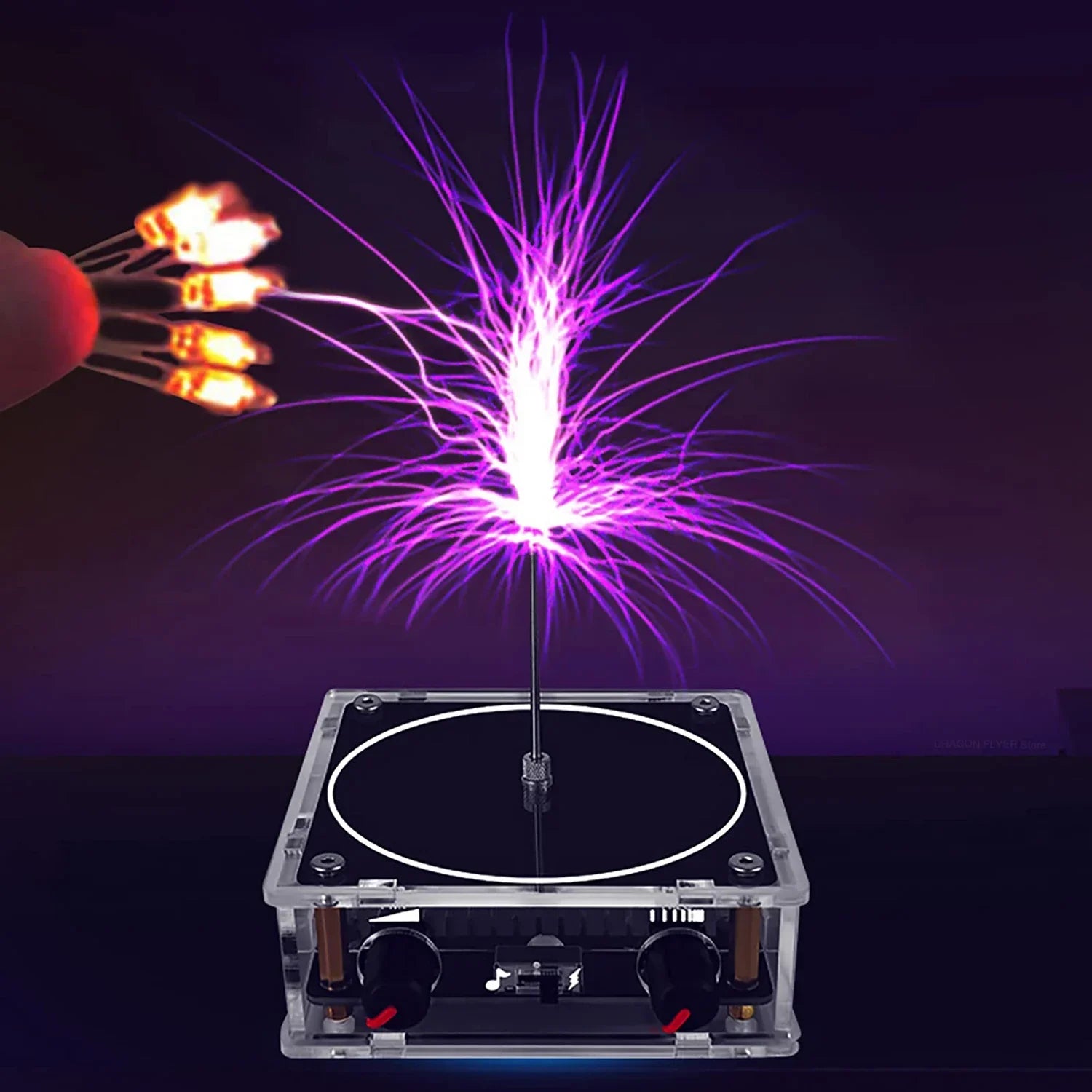 Clear acrylic music tesla coil with central metal rod emitting vibrant purple artificial lightning touchable arcs bluetooth enabled
