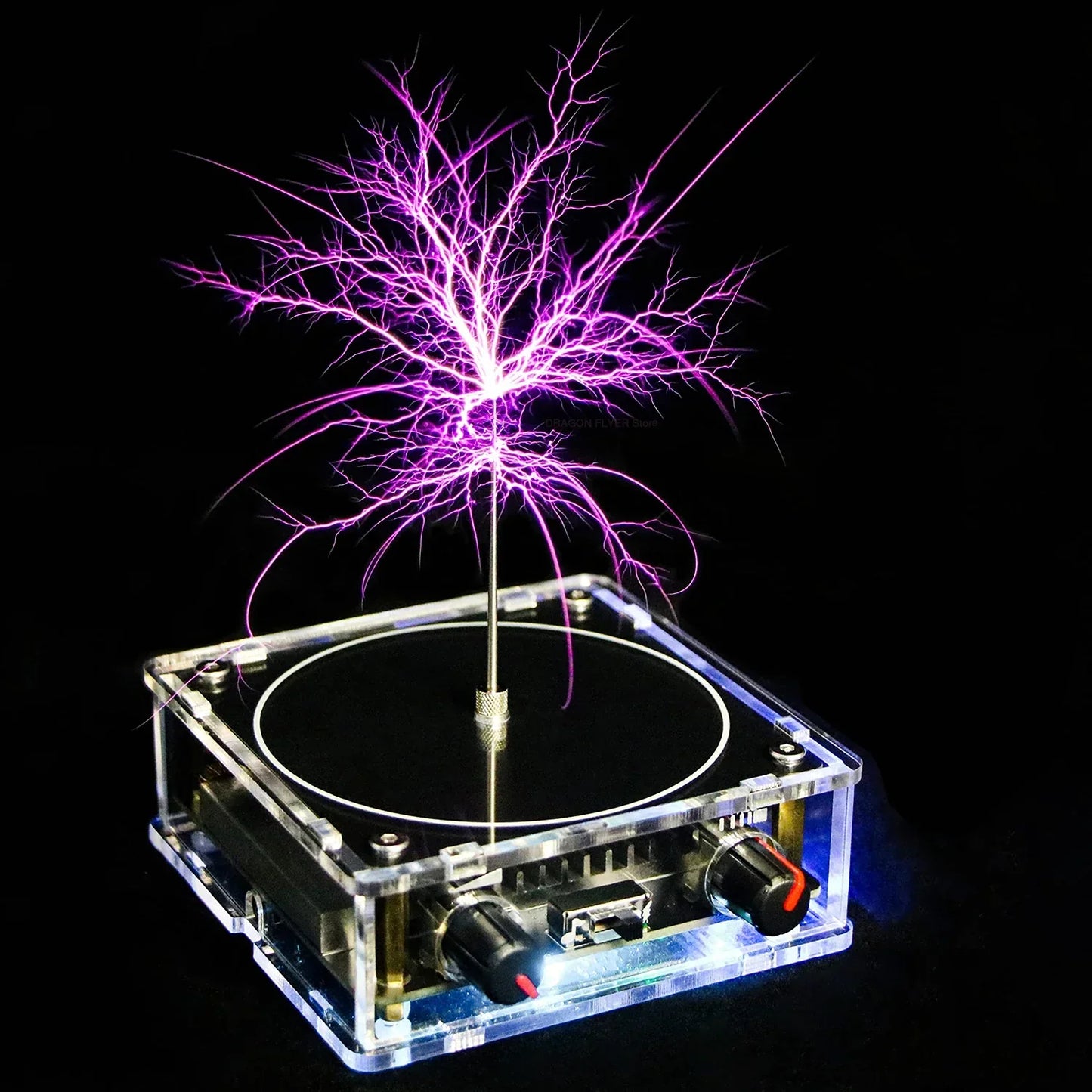 A clear acrylic-framed music tesla coil bluetooth device emitting vibrant purple artificial lightning touchable arcs
