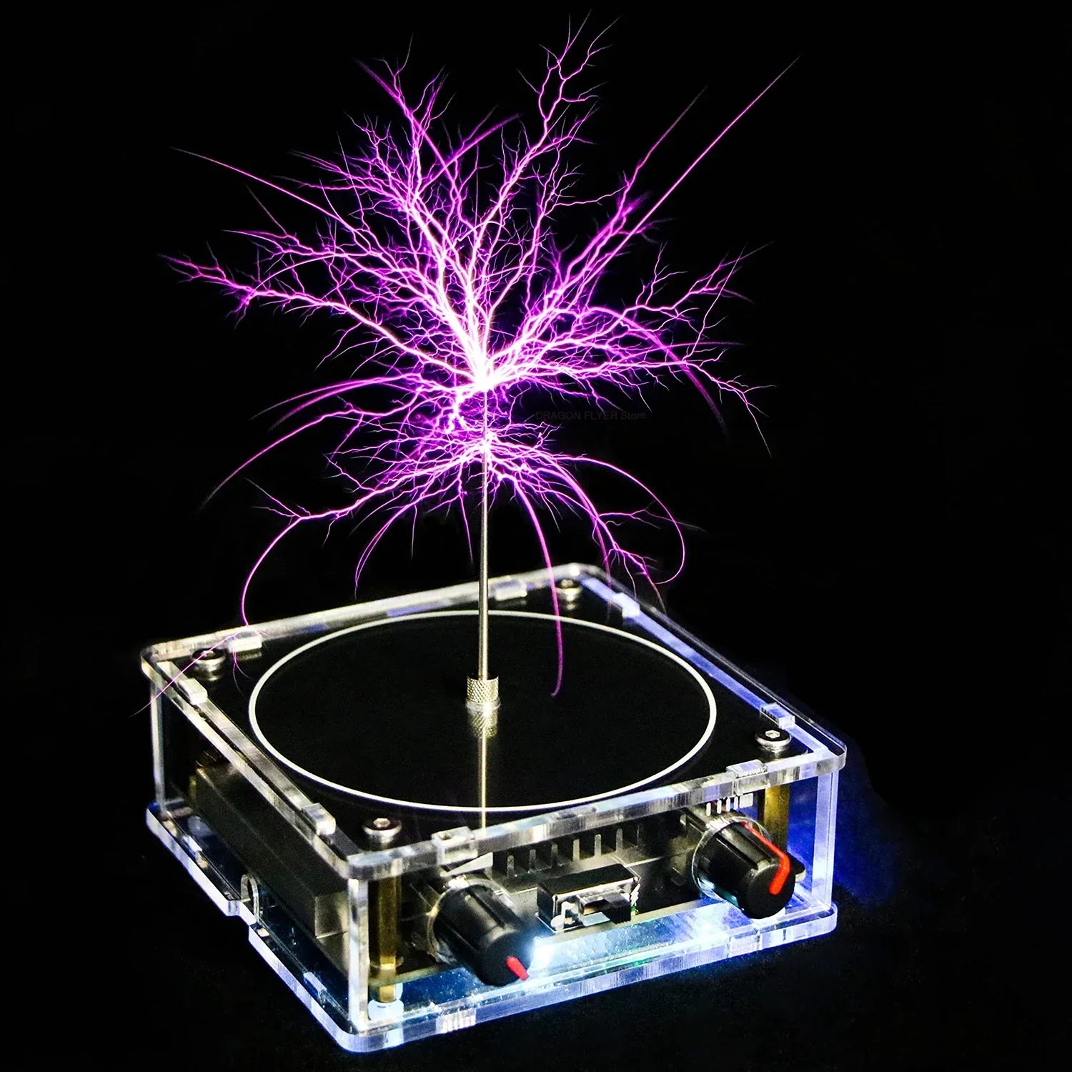A clear acrylic-framed music tesla coil bluetooth device emitting vibrant purple artificial lightning touchable arcs