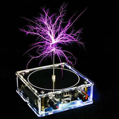 A clear acrylic-framed music tesla coil bluetooth device emitting vibrant purple artificial lightning touchable arcs