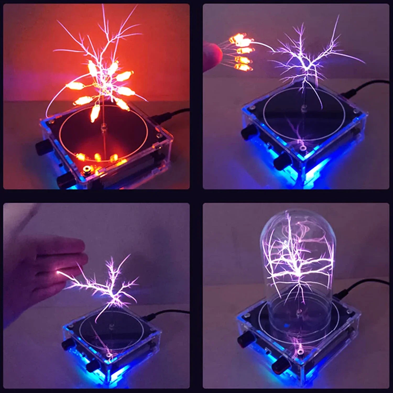 A clear acrylic music tesla coil with glowing purple and orange artificial lightning touchable arcs and bluetooth audio input