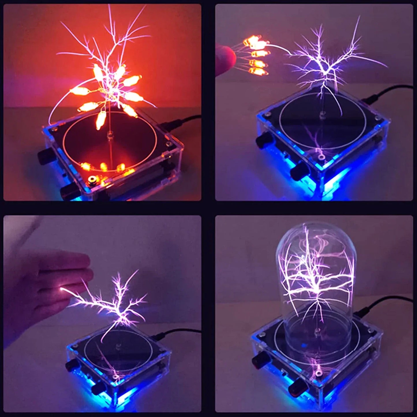 A clear acrylic music tesla coil bluetooth with glowing purple and orange artificial lightning touchable arcs and internal circuitry