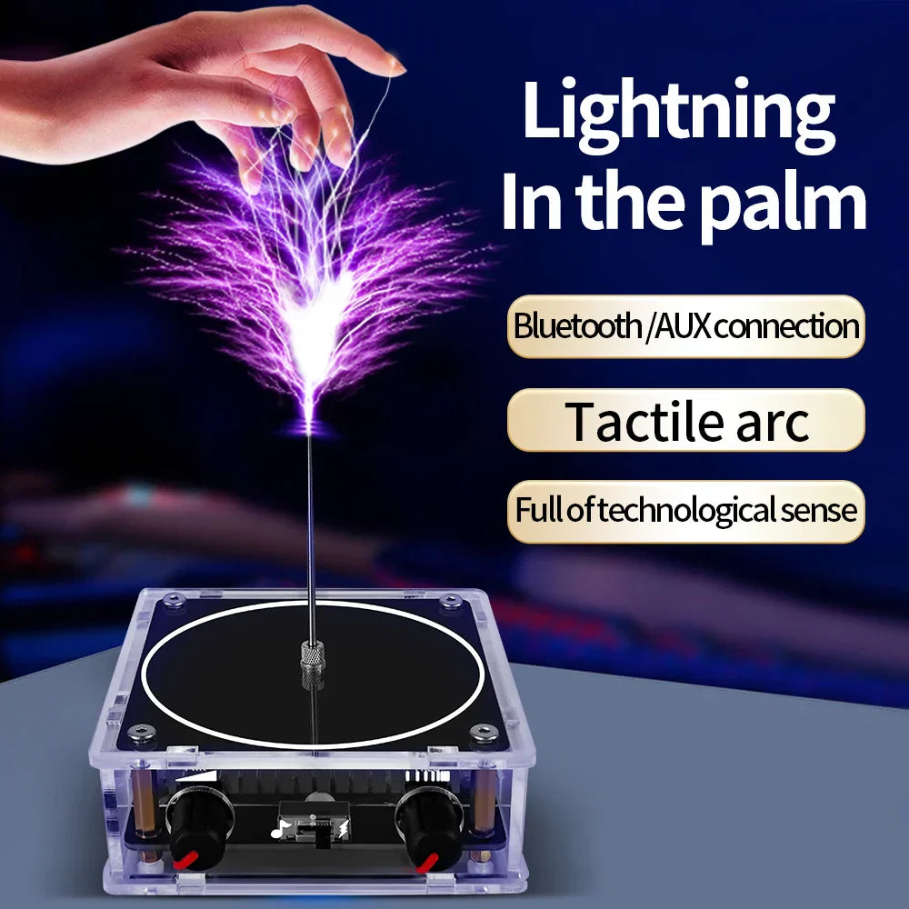 A clear plastic-framed tesla coil bluetooth device with a metallic rod emitting artificial lightning touchable arcs and black control knobs