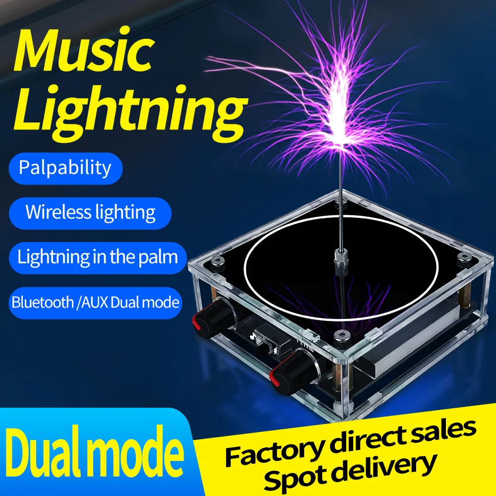 A transparent acrylic music tesla coil bluetooth with black base, red knobs, emitting purple artificial lightning touchable sparks