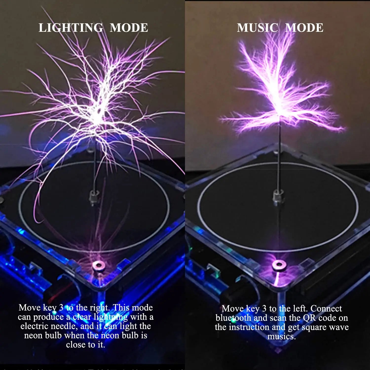 A transparent music tesla coil with purple and white artificial lightning touchable plasma arcs in bluetooth dual mode