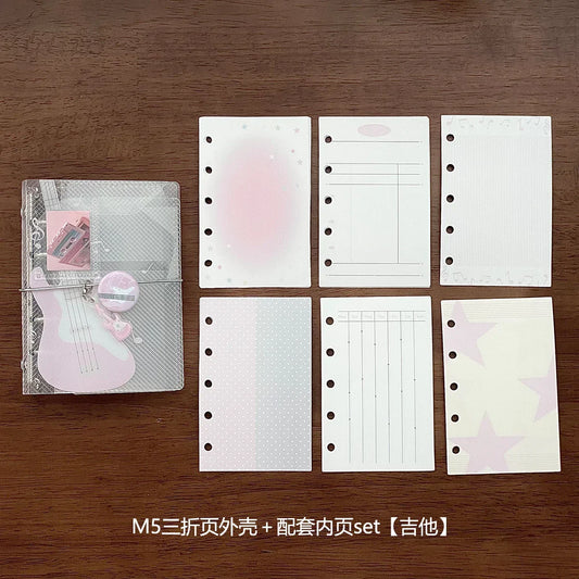 Pink guitar-themed m5 binder notebook scrapbook with clear plastic cover and silver elastic tie closure photo album card organizer