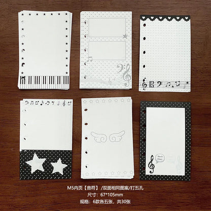 Six black and white music-themed binder notebook scrapbook inserts with tie closure photo album card organizer features