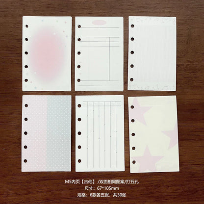 Six pastel-patterned m5 planner insert pages with five-hole binding for binder notebook scrapbook album card organizer