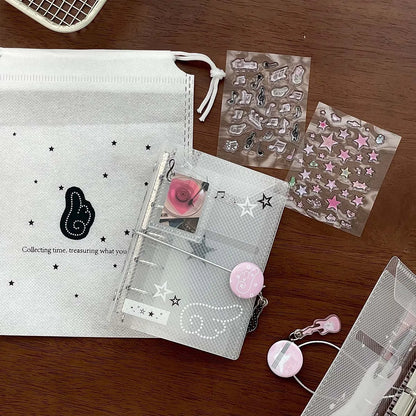 Clear plastic binder notebook scrapbook with pink circular button and star stickers tie closure photo album card organizer