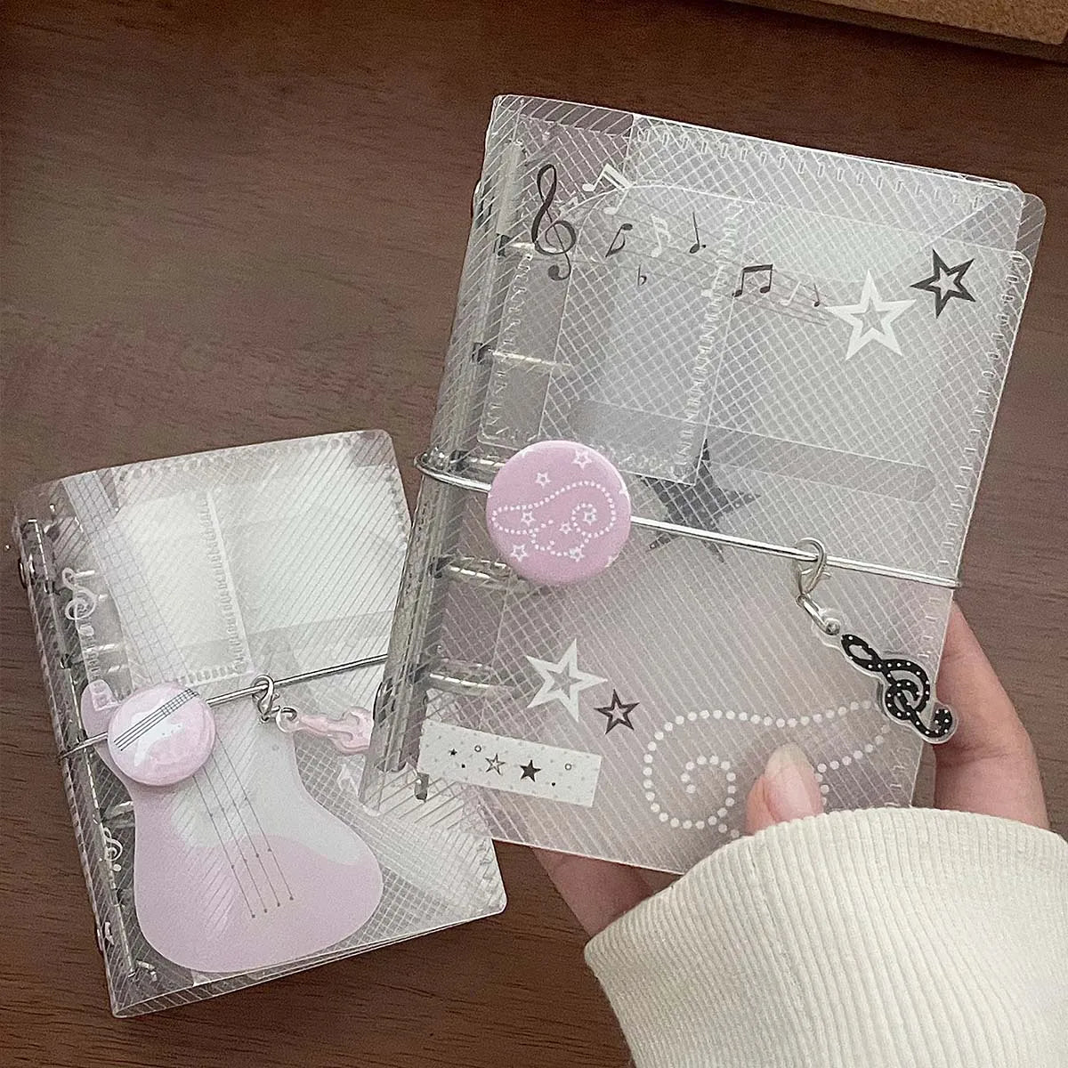 Transparent musical-themed binder notebook scrapbook with pink black star note design and tie closure photo album card organizer