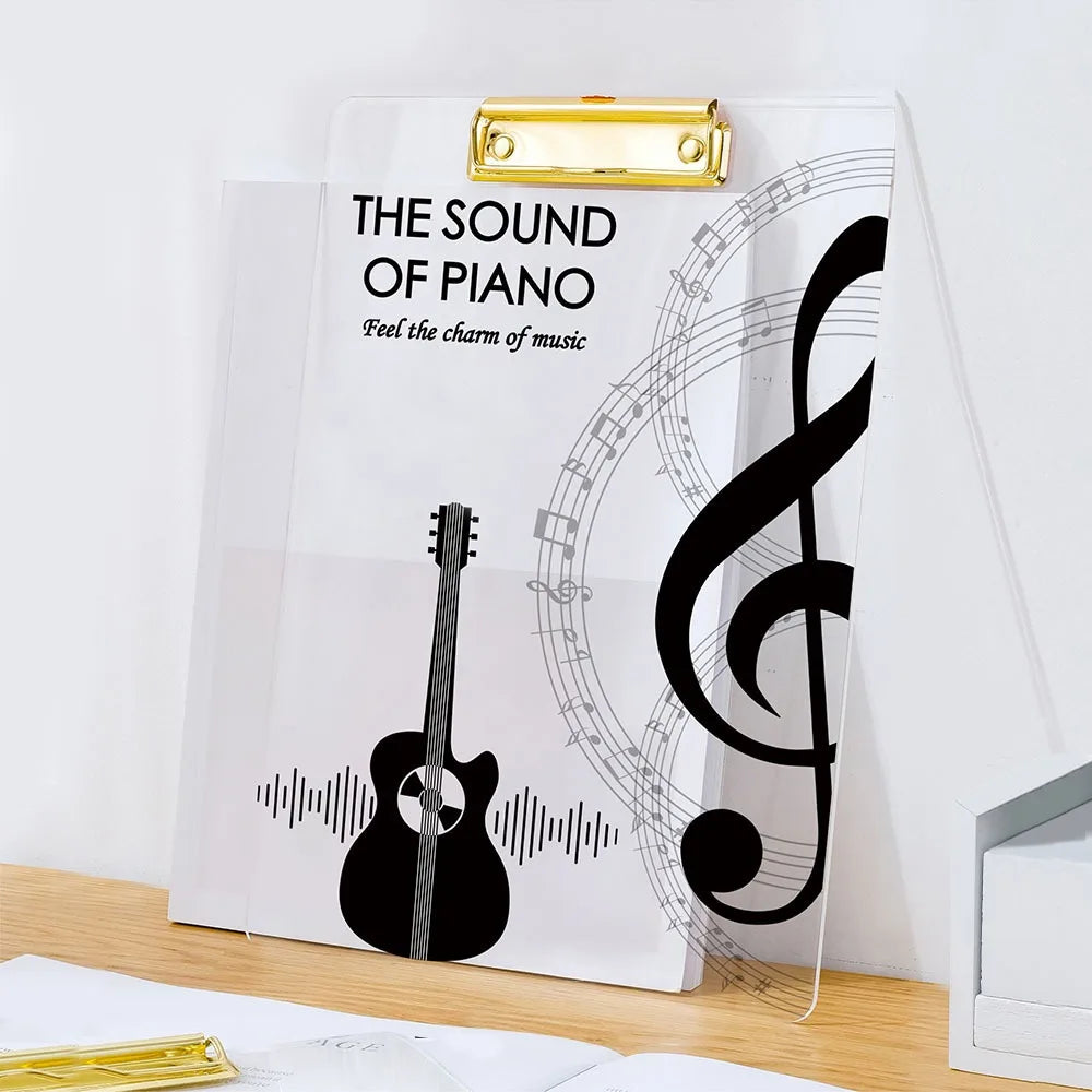 Clear acrylic thickened A4 file folder with gold-tone clip and black musical design creative document holder portable