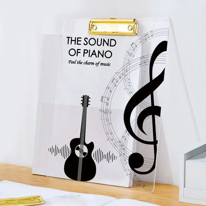 Clear acrylic thickened A4 file folder with gold-tone clip and black musical design creative document holder portable