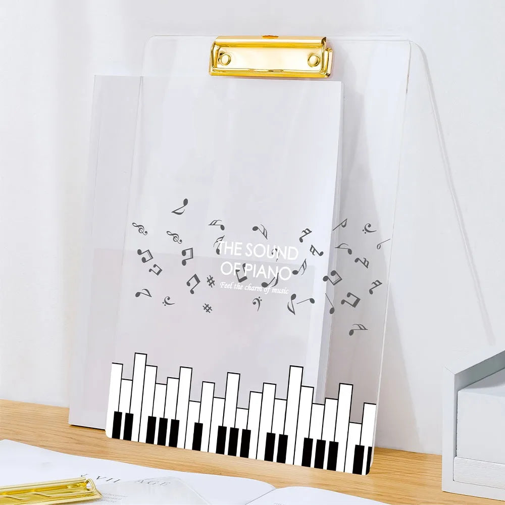 Clear acrylic thickened A4 file folder portable creative document holder with gold clip and piano key design with musical notes