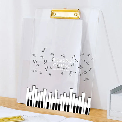 Clear acrylic thickened A4 file folder portable creative document holder with gold clip and piano key design with musical notes