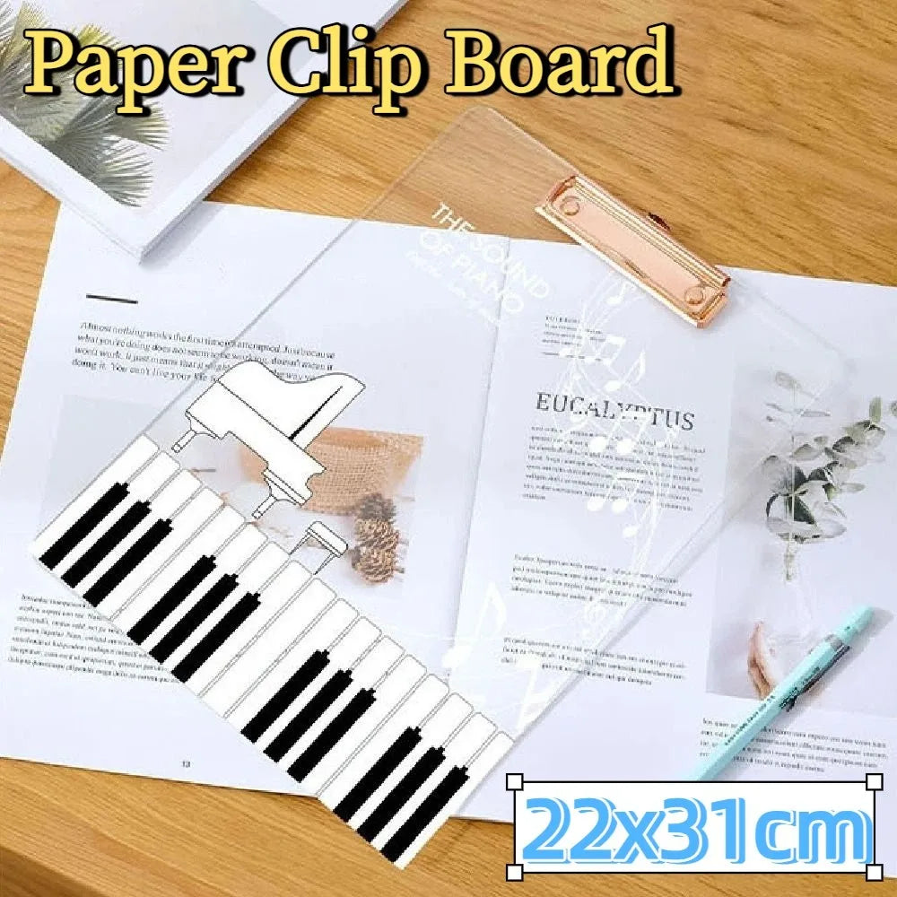 Clear acrylic creative document holder with rose gold clip and piano key design thickened a4 file folder portable