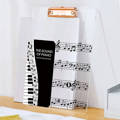 Clear acrylic clipboard with rose gold clip holding piano-themed notebook is a thickened a4 file folder portable creative document holder