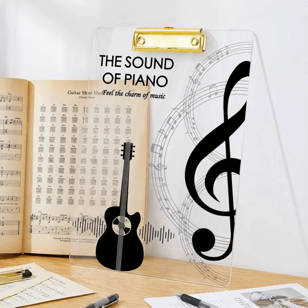 Clear acrylic thickened a4 file folder portable creative document holder with gold clip and black music notes design
