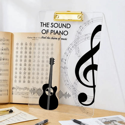 Clear acrylic thickened a4 file folder portable creative document holder with gold clip and black music notes design
