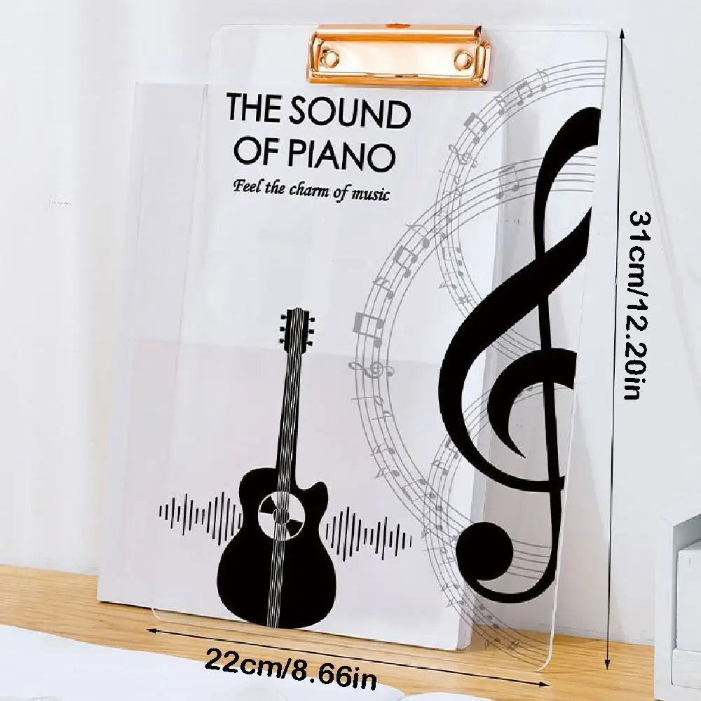 Clear acrylic thickened A4 file folder portable creative document holder with black piano guitar graphics and gold clip
