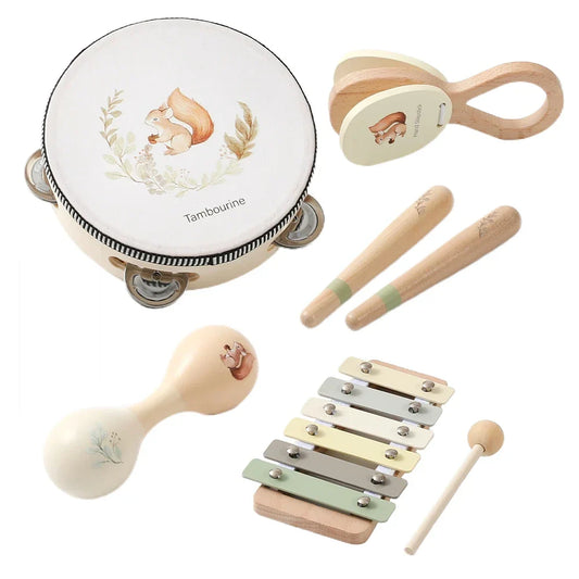 White wooden tambourine with silver jingles featuring a music instrument squirrel design for baby wooden montessori use