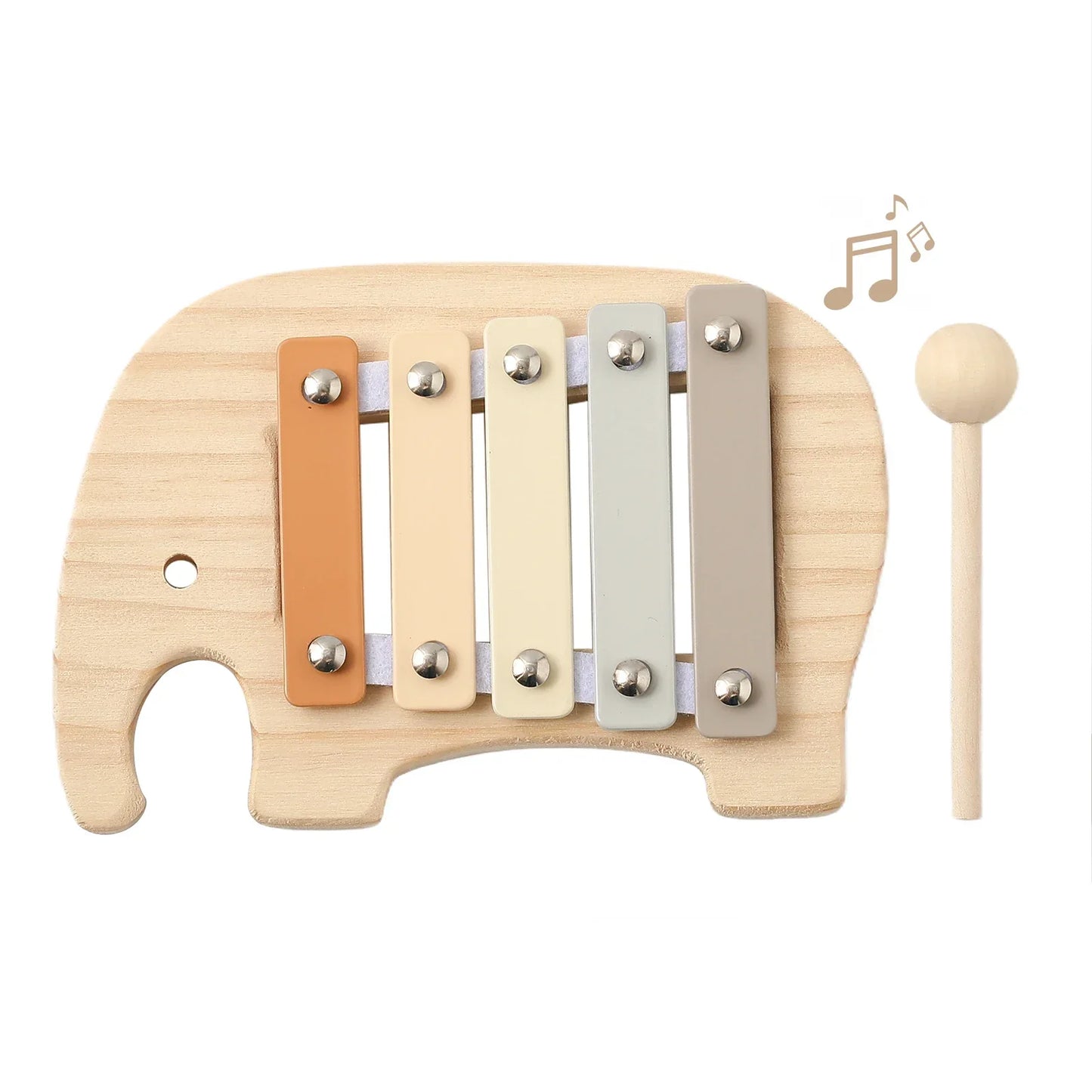 A wooden baby wooden montessori elephant-shaped xylophone with five pastel keys and a wooden mallet for early education