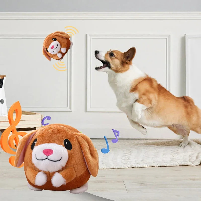 Brown plush rabbit toy with white face pink nose and floppy ears interactive squeaky toys music vibration bouncing