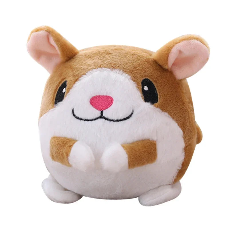Cute brown and white plush hamster toy with pink nose as a music vibration bouncing interactive squeaky toy for dogs