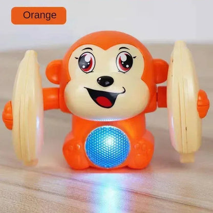 Orange plastic musical crawling monkey toy with beige wheels and blue interactive light-up dancing belly for tummy time gifts