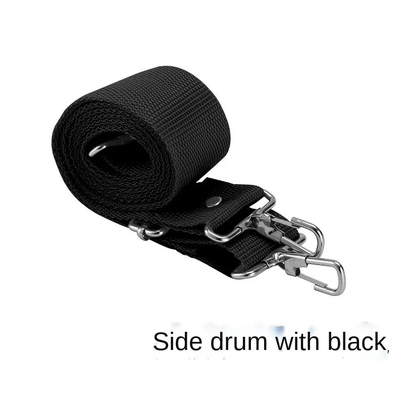 Black woven fabric strap small drum snare with silver-toned metal hardware and adjustable buckles for number accessories universal